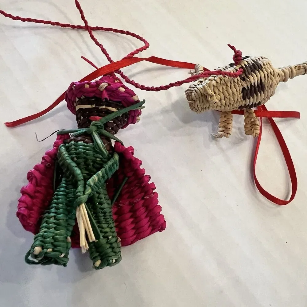 3 Handwoven Woven Bamboo Christmas Ornament ethnic angel pig pink green natural